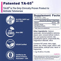Supplement label for TA-65 with certification logos and supplement facts.